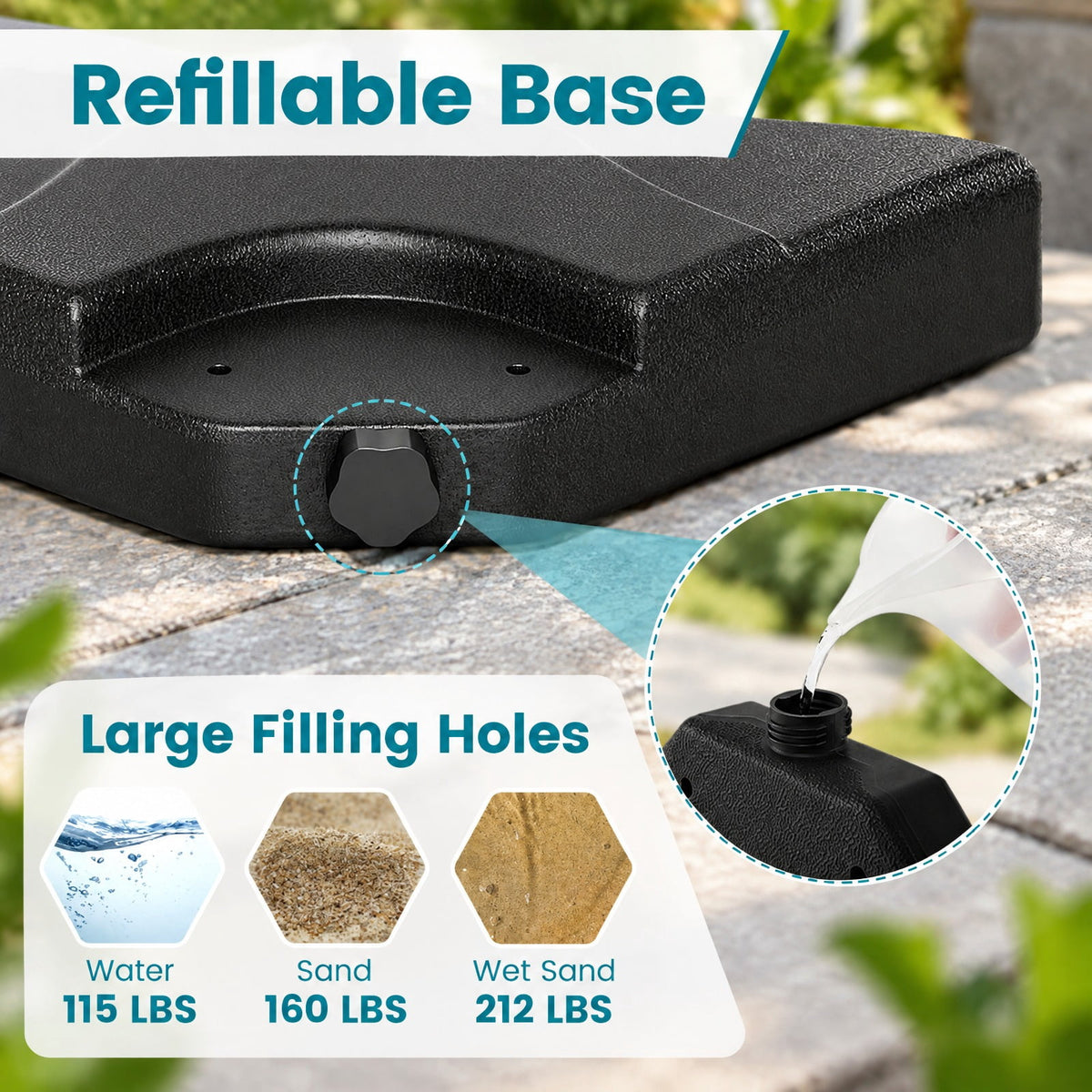 Airfind 20 Inch Patio Offset Water Filled Plate Umbrella Base Sand, HDPE Frame, Black, Product size 20 x 20 x 3(L x W x H) F