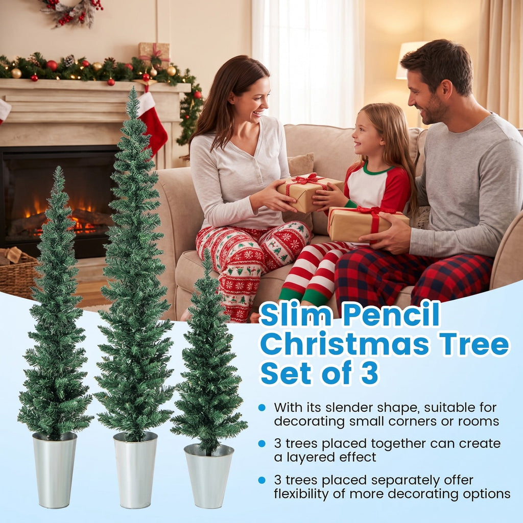 Airfind Set of 3 Potted Artificial Christmas Tree with Silver Metal Buckets, PVC Metal Tree Height 3/4/5 ft Tree Width 1 ft Frame, Silver