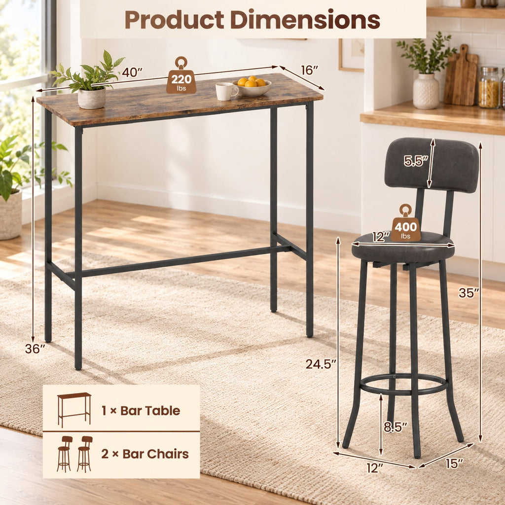 Airfind 3-Piece Industrial Bar Table Set with 2 Upholstered Stools and Footrests for Dining Room, 220 lbs Capacity, 40 × 16 × 36 Footprint, Brown
