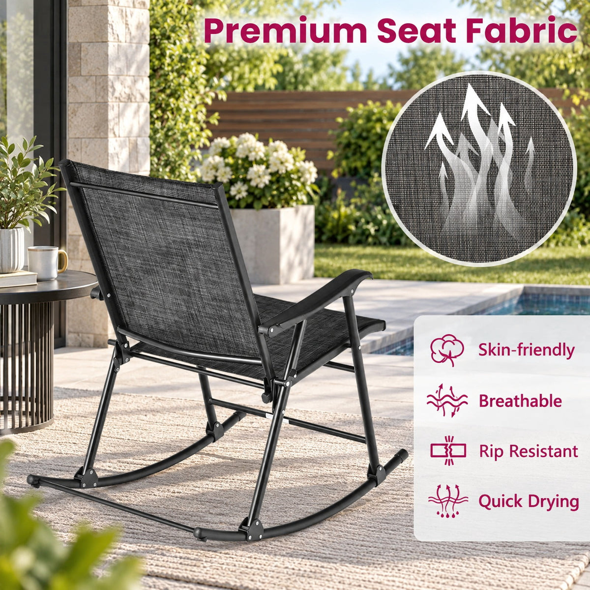 Airfind Folding Rocking Chair with Breathable Seat Fabric Set of 2, 330 lbs Capacity, Fabric Metal Frame, 32.5 x 25 x 36 Footprint, Black