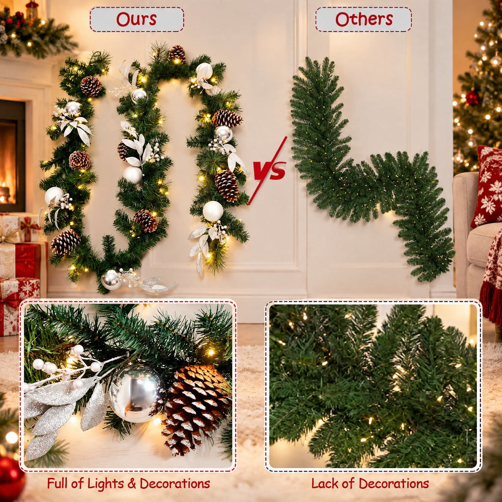 Airfind 9 Feet Pre-Lit Artificial Christmas Garland with LED Lights, New PVC pine needle Frame, Green