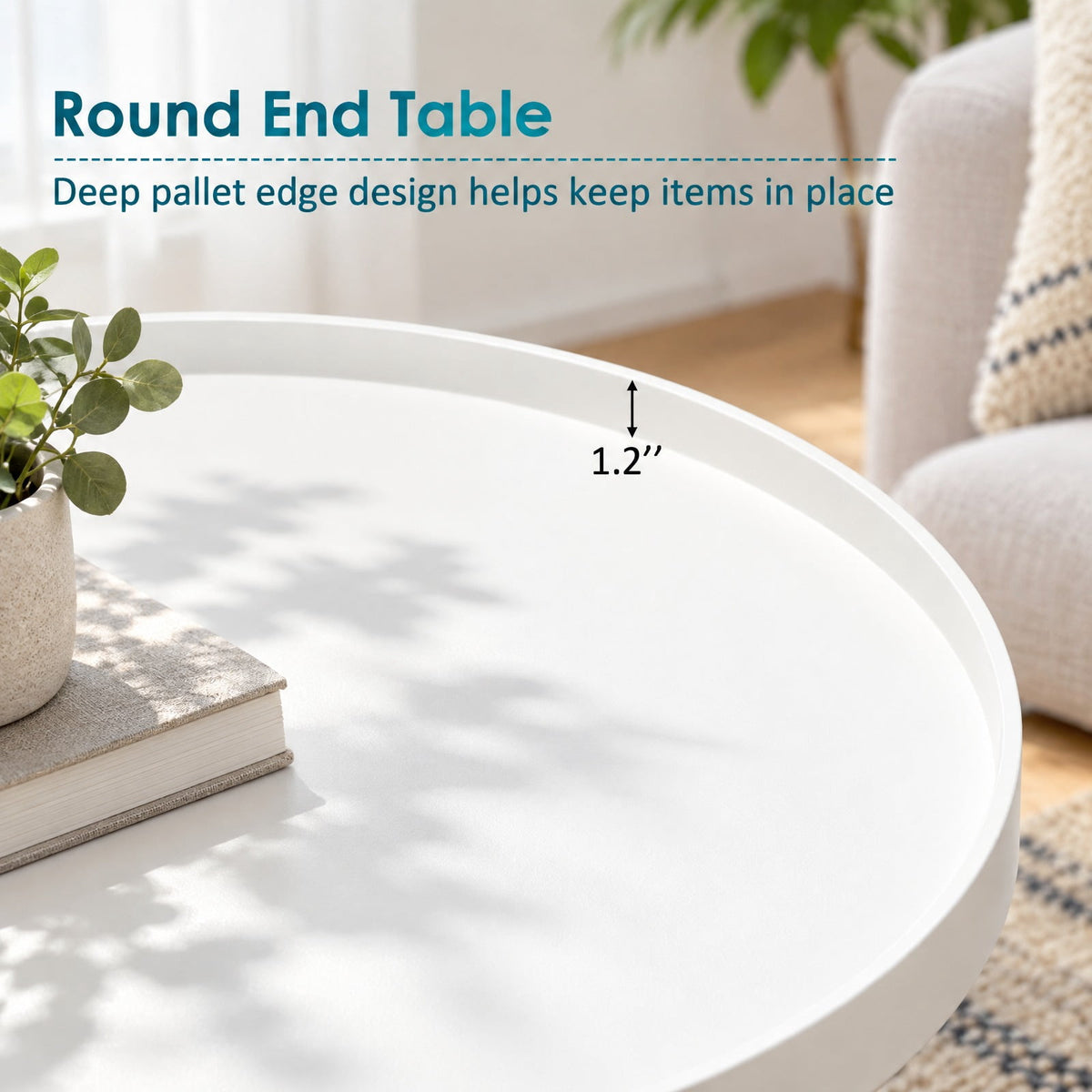 Airfind Round Side Sofa Coffee Table with Wooden Tray, 33 lbs Capacity, MDF panel bamboo feet Frame, White