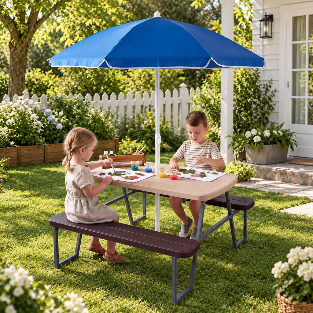 Airfind Kids Picnic Table with Benches Seats up to 4, 660 lbs Capacity, Metal Frame, for 3+ years old, 40 x 39.5 x 59 Tabletop Footprint, Brown