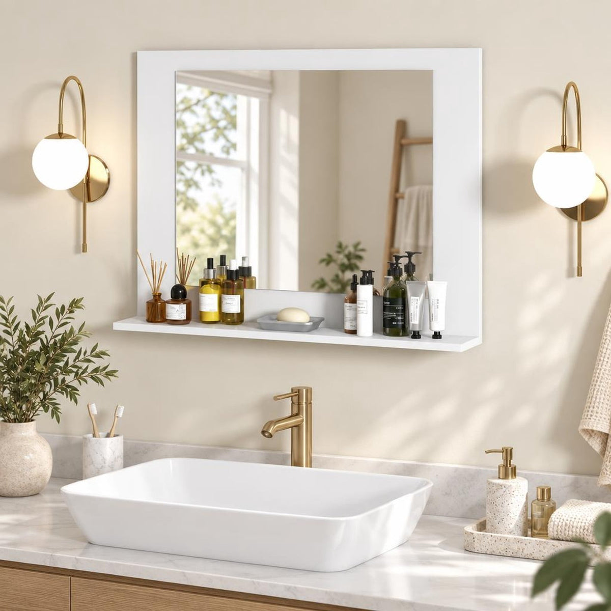 Airfind Rectangle Bathroom Mirror with Shelf 23.5 x 17.5 Inch and Wood Frame, 23.5 x 4 x 17.5Mirror Footprint, White
