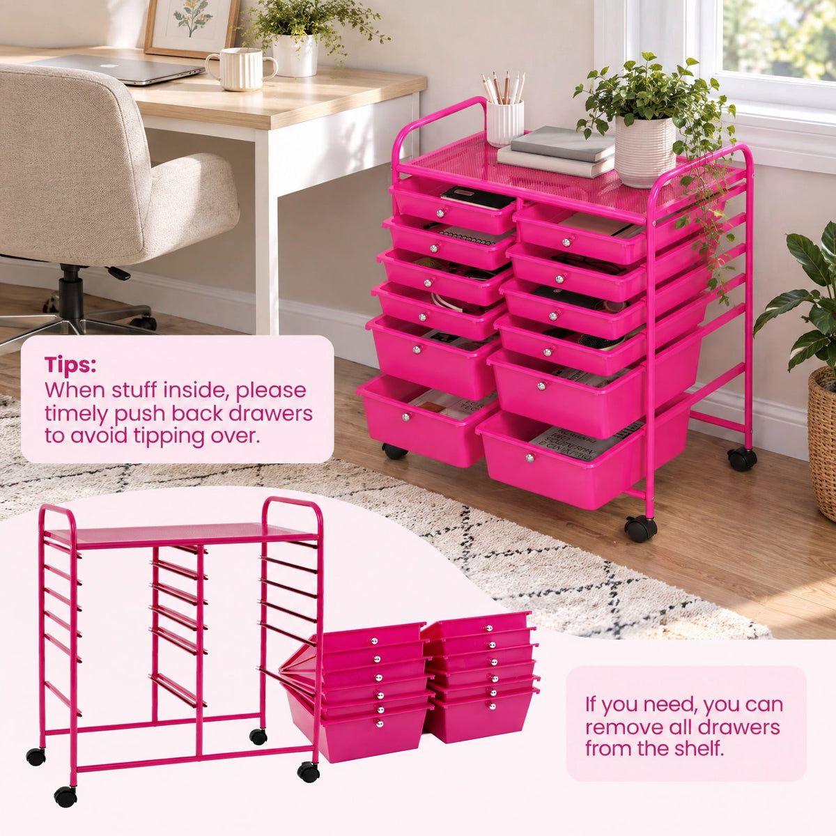 Airfind 12, Drawer Rolling Storage Cart with Removable Drawers and Lockable Wheels, Rose Red, Heavy, duty metal frame ensures excellent stability
