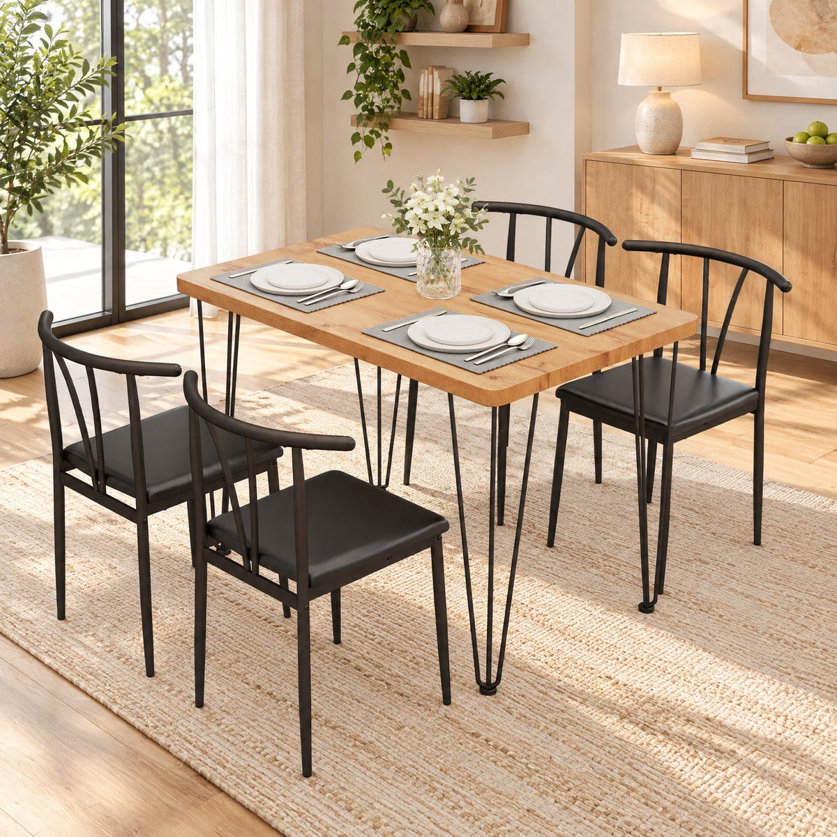 Airfind 5-Piece Space-saving Dining Table Set Industrial Rectangular Kitchen Table and 4 Armless Chairs, 220 lbs Capacity, Black