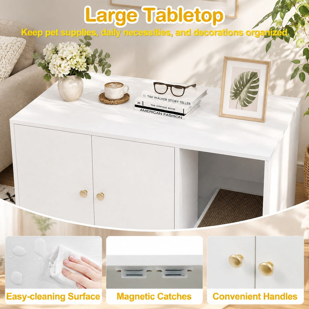 Airfind Wooden Cat Litter Box Enclosure Hidden Litter Box Furniture with Scratching Board, Engineered Board MDF Frame, White