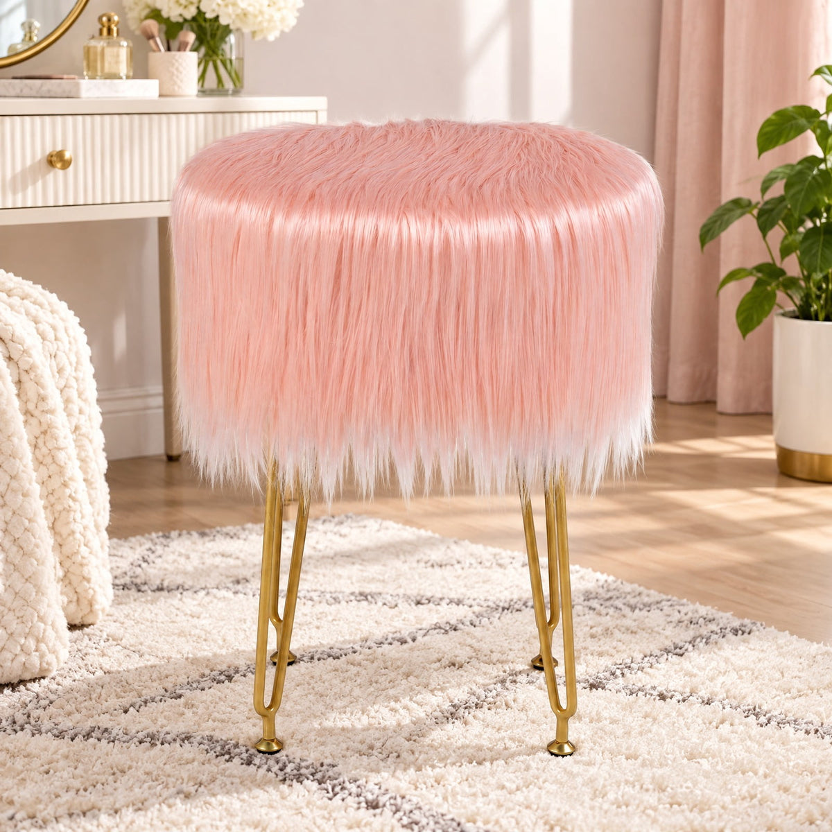 Airfind Faux Fur Vanity Stool Chair with Metal Legs for Bedroom and Living Room, 330 lbs Capacity, Faux Fur Sponge Metal MDF Plywood Frame, Pink