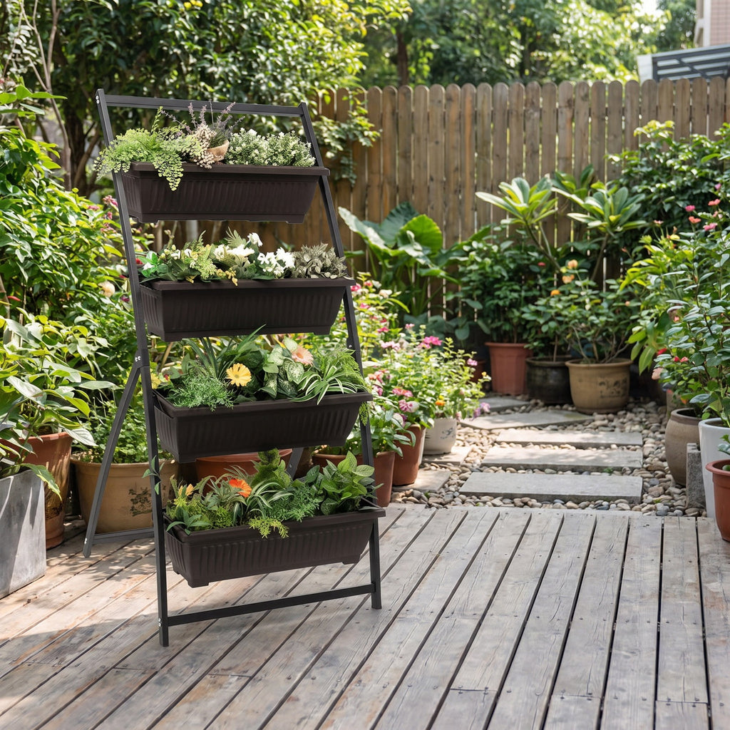 Airfind 4-Tier Vertical Raised Garden Bed with 4 Containers and Drainage Holes, Metal PE S Frame, 26 x 20.5 x 49 Single Footprint, Black+ Brown