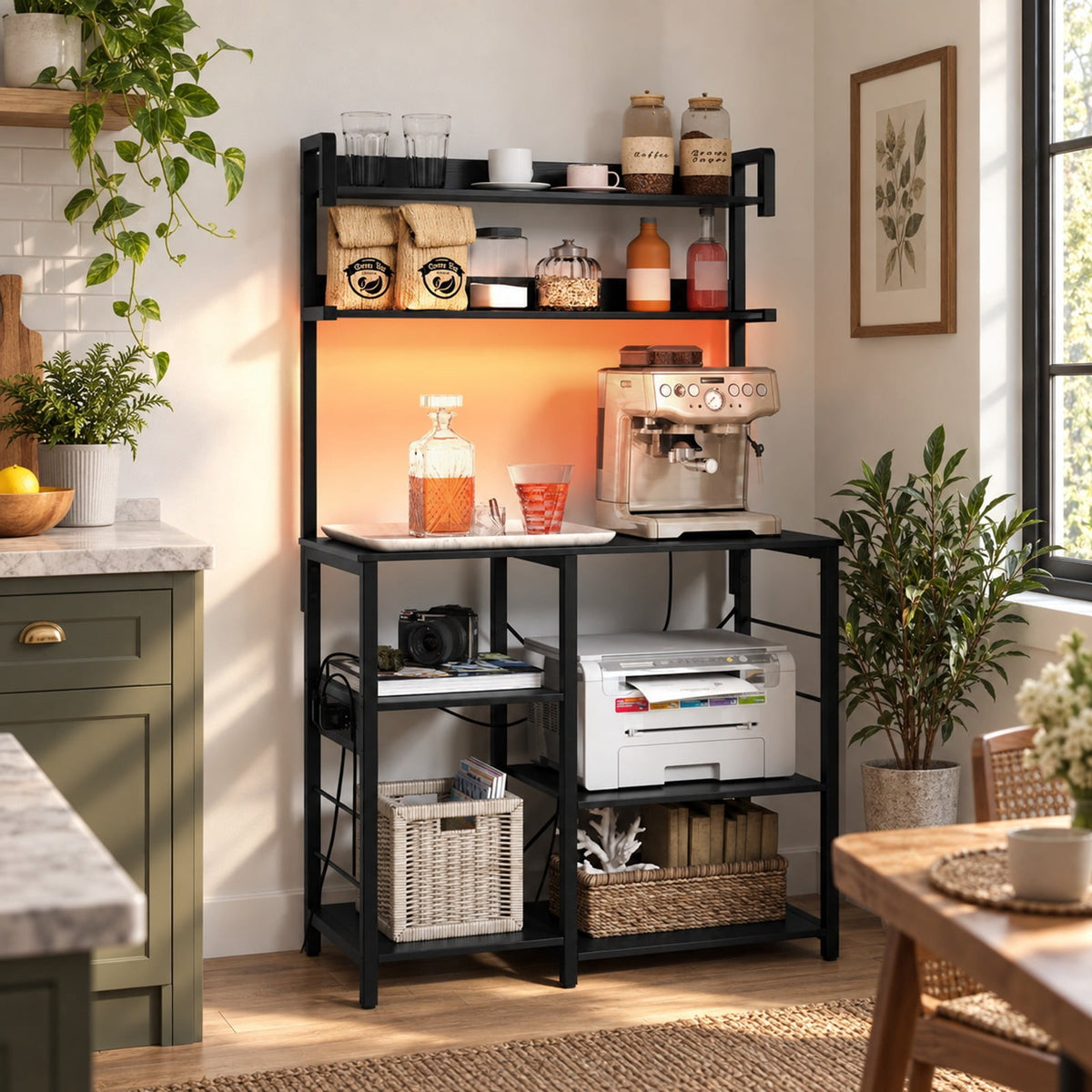 Airfind Kitchen Bakers Rack with Power Outlet 5, Tier Microwave Oven Stand with LED Lights, Black, Adjustable in 10 brightness levels and 10 speeds