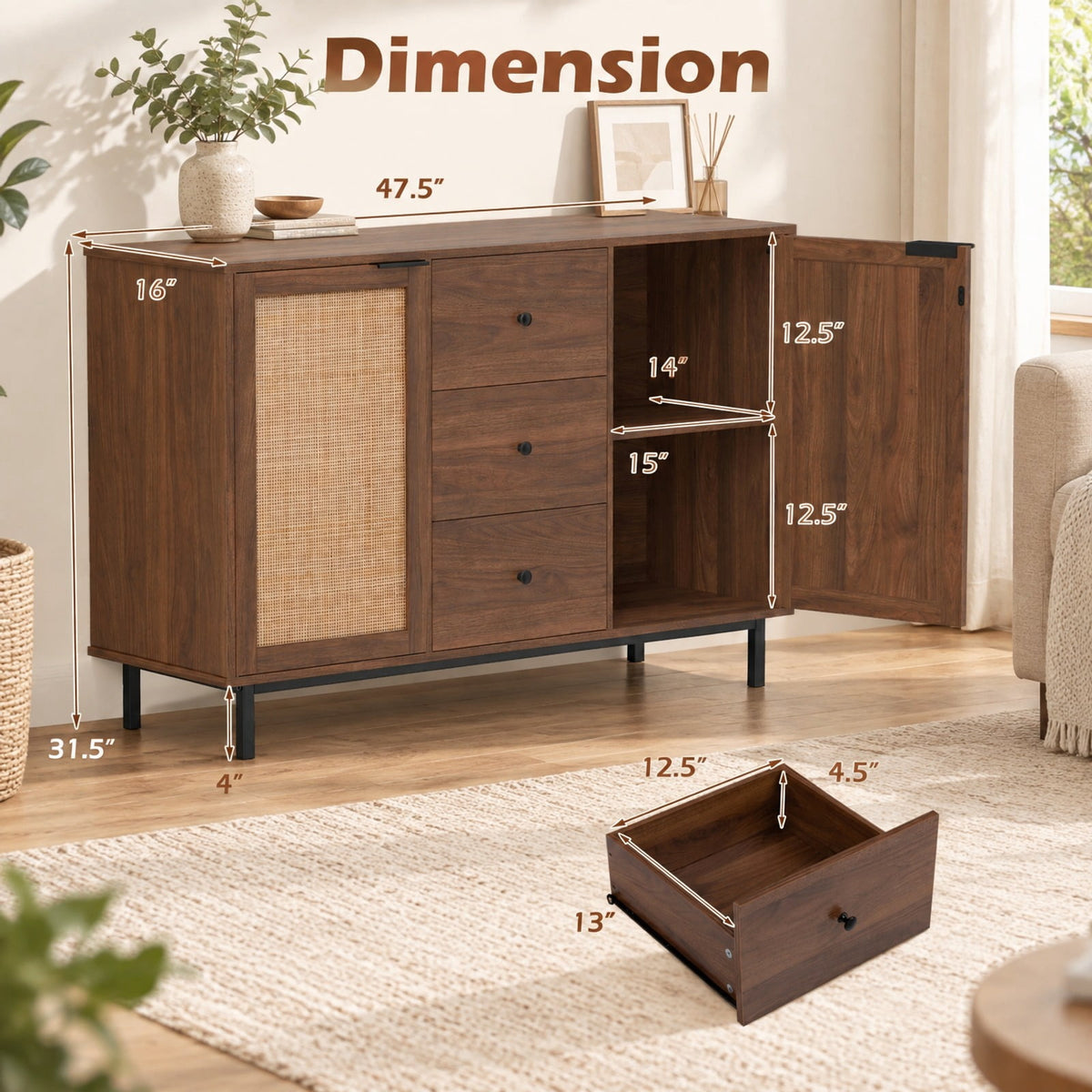 Airfind Sideboard Buffet Cabinet Rustic Farmhouse Coffee Bar Table with 2 Rattan Doors and 3 Drawers, 110 lbs Capacity, Engineered Wood Frame, Brown