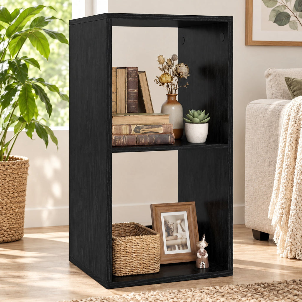 Airfind 2 Cube Bookshelf with Back Guardrail for Living Room Bedroom, Engineered Wood Frame, 14 Inch x 13 Inch x 27.5 Inch Depth of Bottom Shelf 12 Inch Footprint