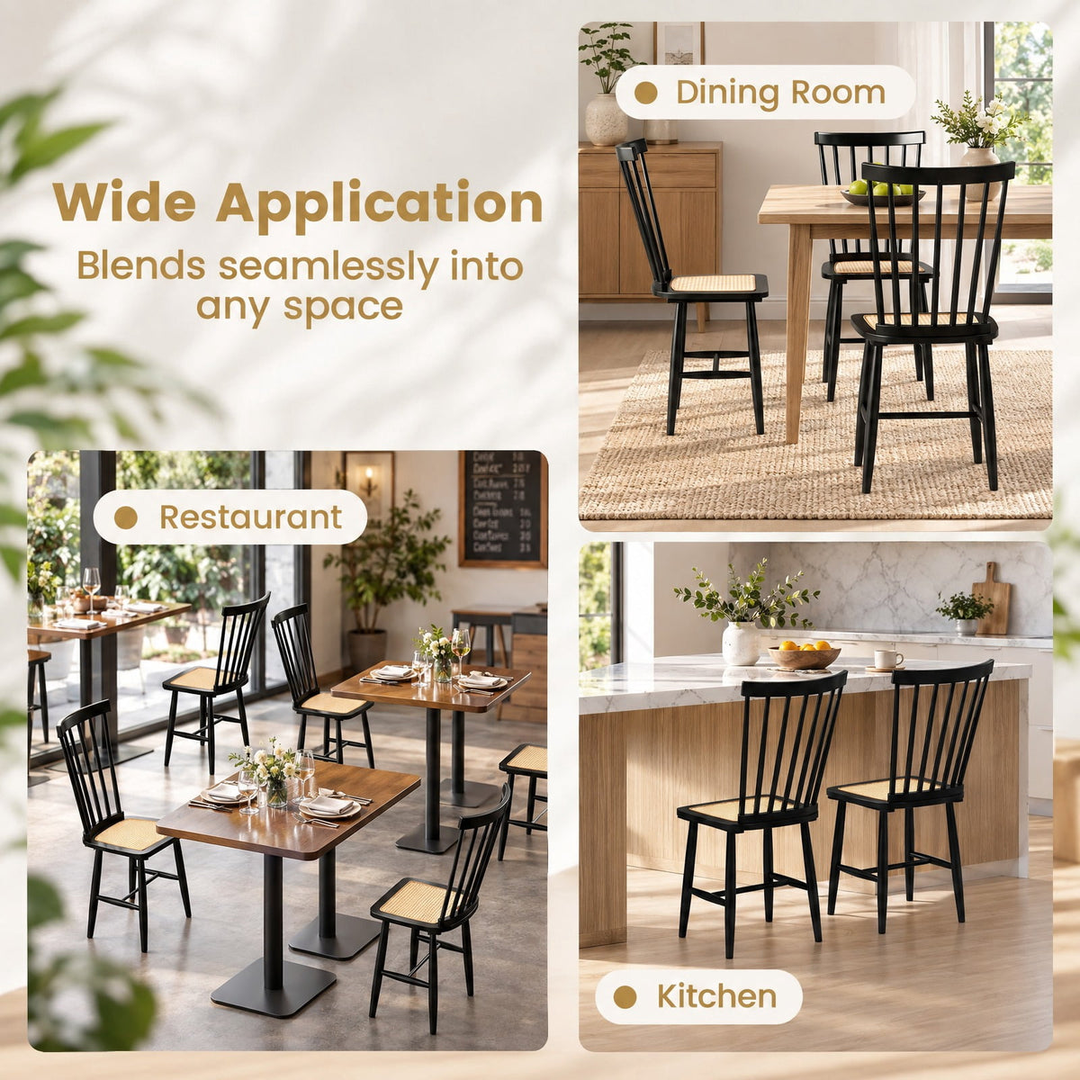 Airfind Farmhouse Solid Rubber Wood Dining Chairs Set of 2 with PE Rattan Seats, 420 lbs Capacity, Rubber Wood PE Rattan Frame, Black