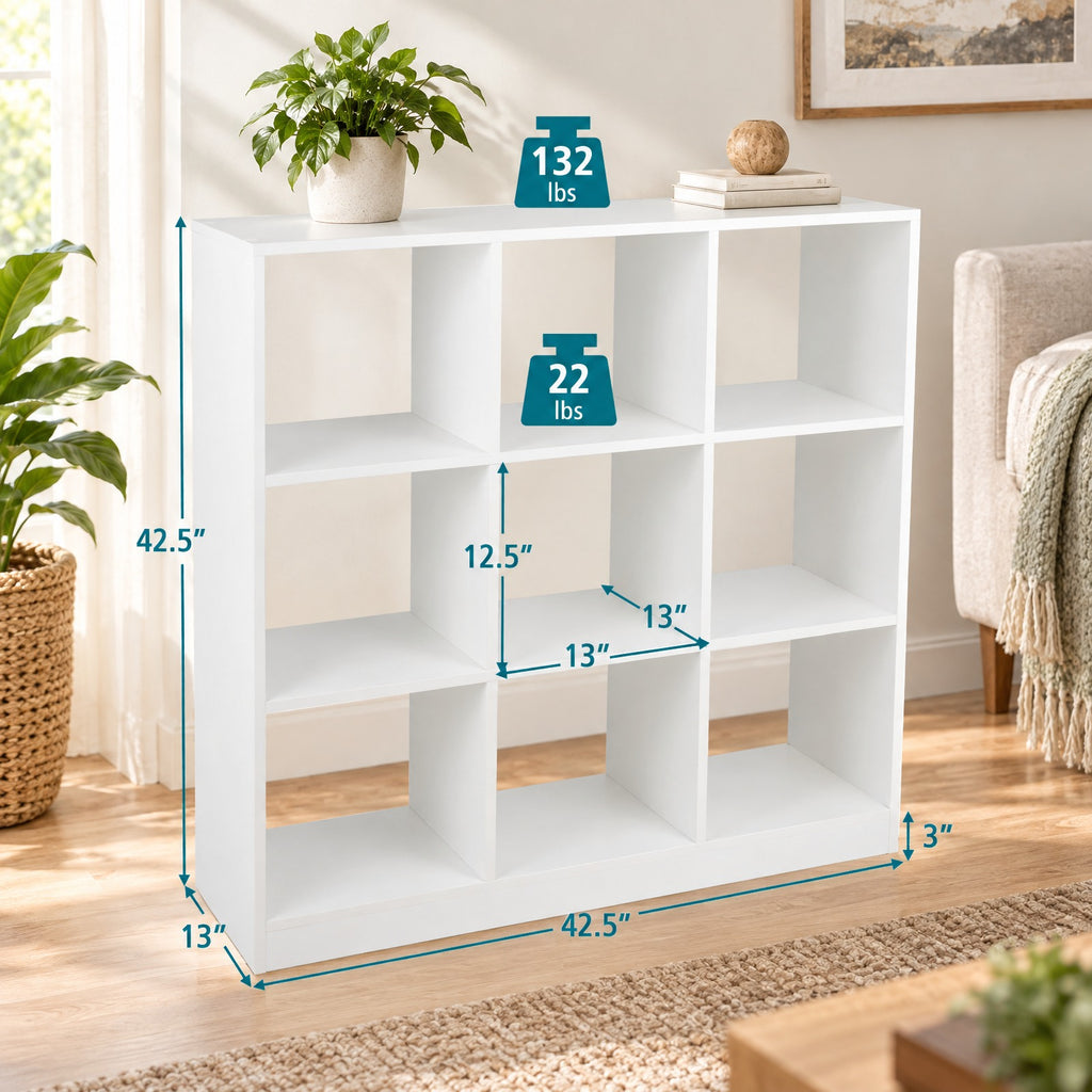 Airfind Modern 9-Cube Bookcase with 2 Anti-Tipping Kits for Books Toys Ornaments, 330 lbs Capacity, Engineered Wood Frame, White