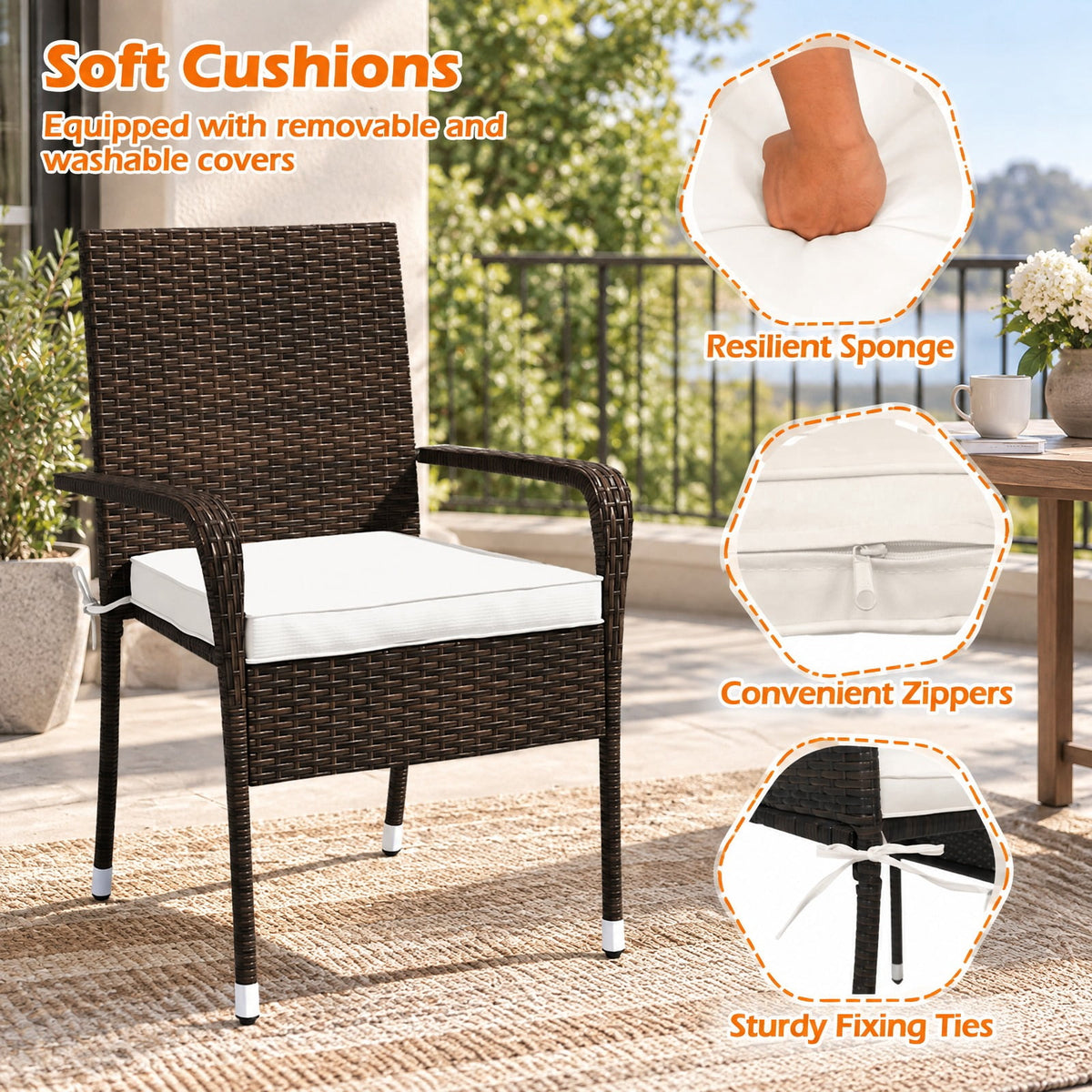 Airfind 3-Piece Patio Furniture Set PE Rattan Wicker Chairs with Tempered Glass Top Table, PE Rattan Metal Polyester Sponge Frame, White