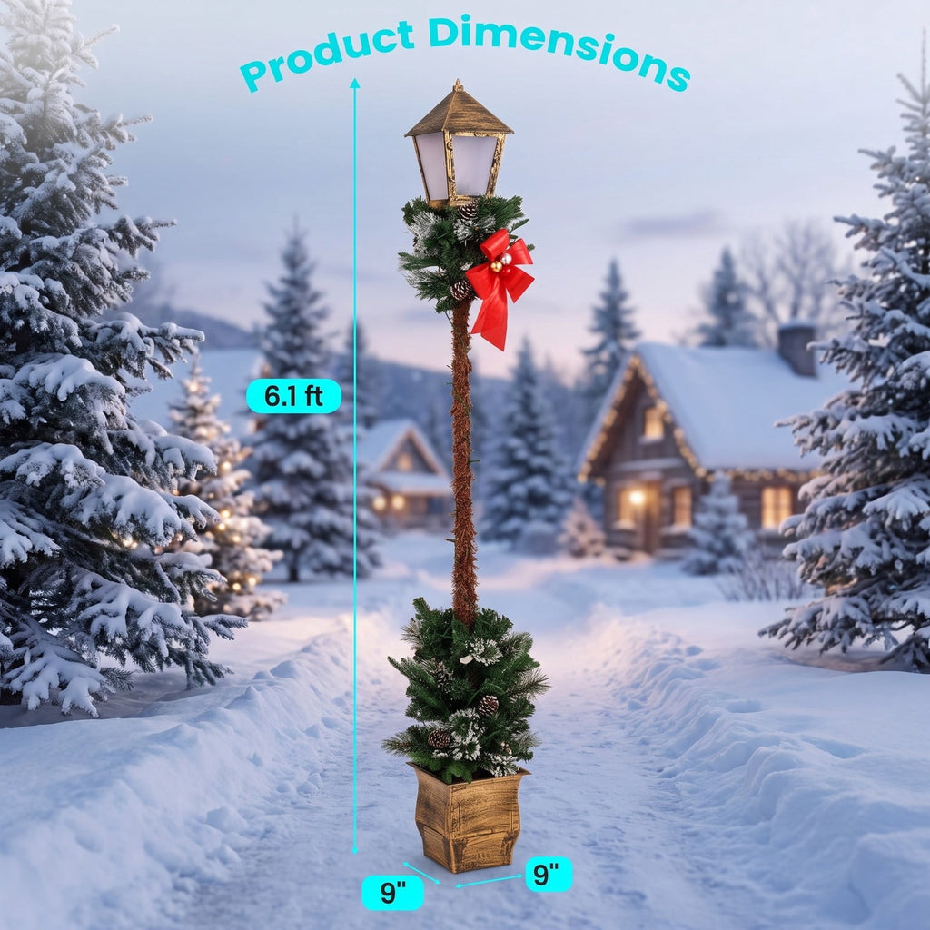 Airfind 6.1 Feet Christmas Pre-lit Street Lamp with Artificial Greenery and Snow-flocked Branch Tips, Metal Plastic Frame, 9in x 9in x 6.1ft Footprint