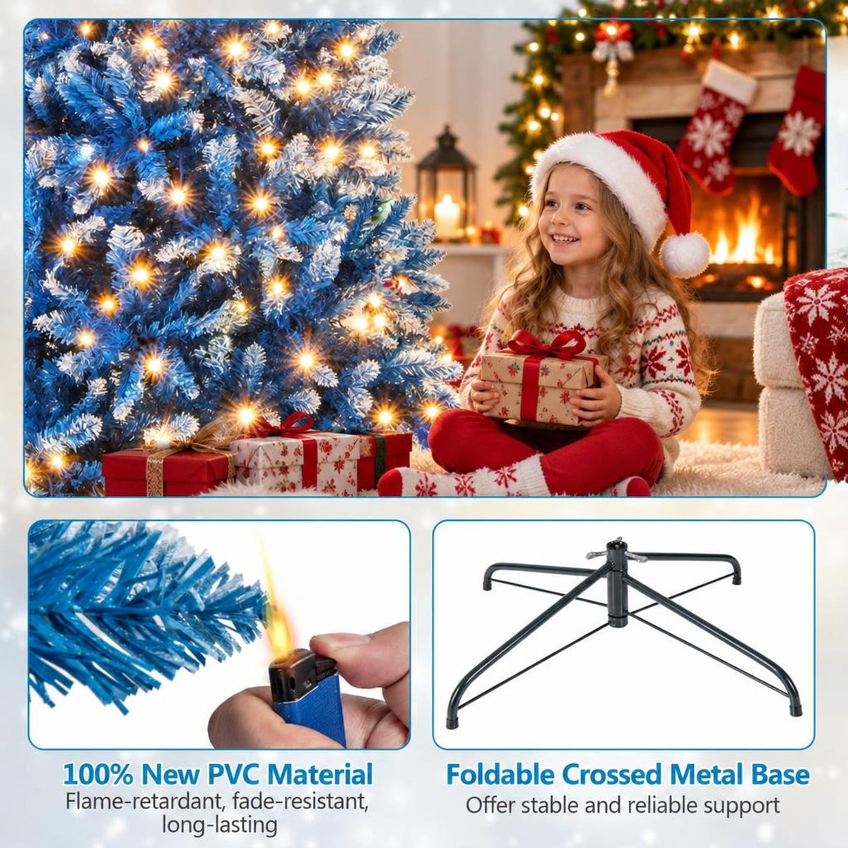Airfind 6/7/8/9 FT Artificial Christmas Tree with 767 Snowy Branch Tips-8 FT, PVC Metal Frame, 3.1 x 6 ft Footprint, Blue