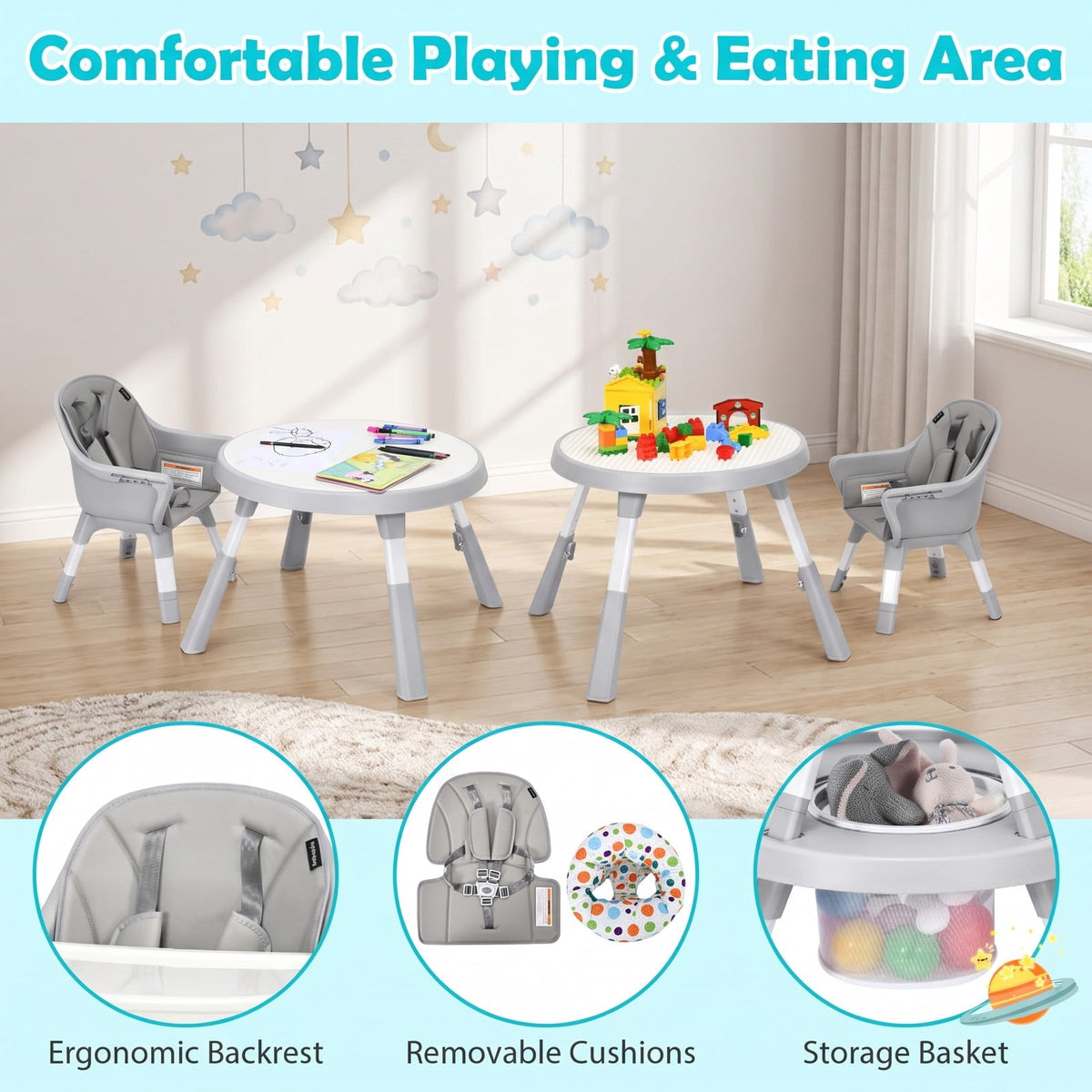 Airfind 5-in-1 Baby Highchair with Height Adjustable and 2-Tier Tray Storage Busket, Iron PP ABS Frame, 26 x 25 x 36.5 Footprint, Gray
