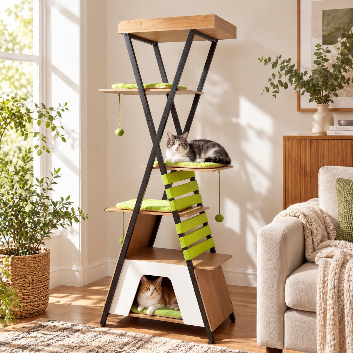 Airfind 73 Inch Multi-level Cat Tree for Indoor Cats with Elevated Perch and Large Condo, 44 lbs Capacity, Engineered Wood Frame, Green