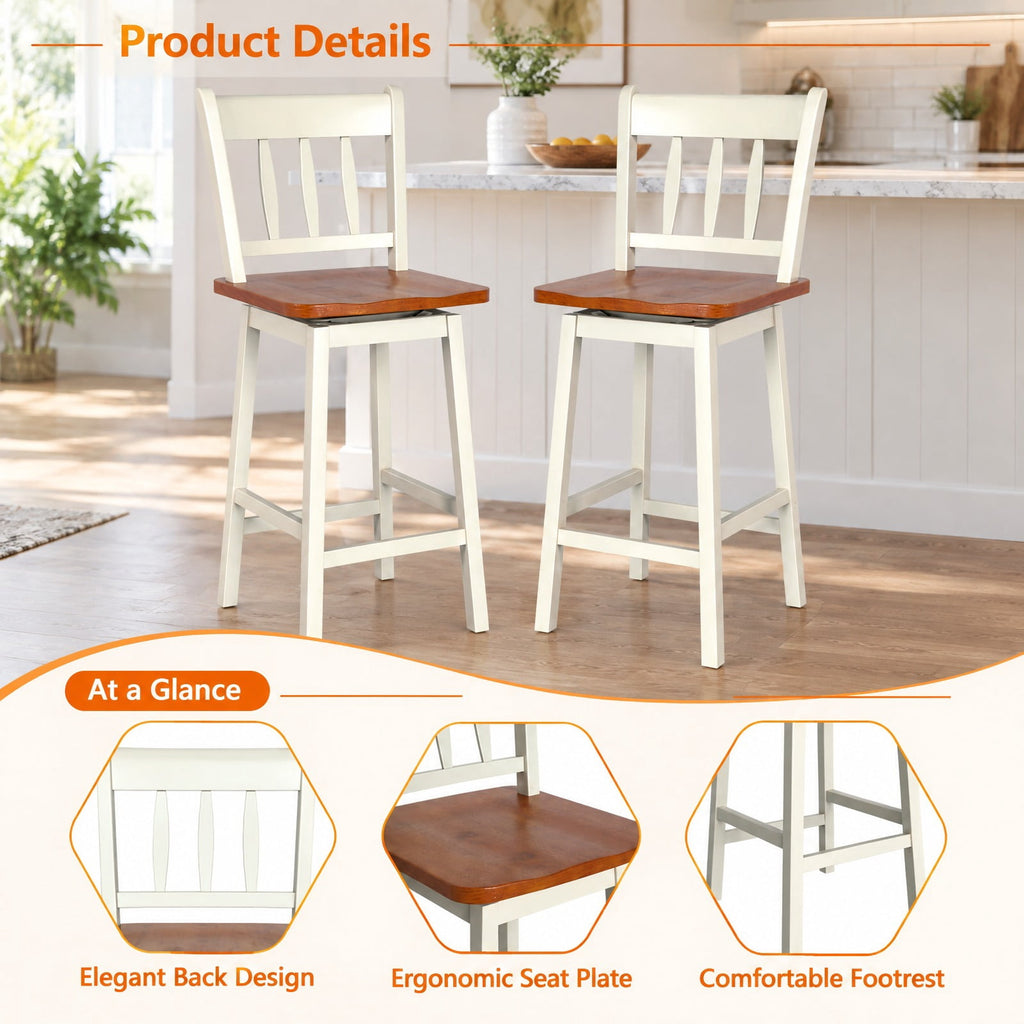 Airfind 24.5 Inches Set of 2 Swivel Bar Stools with 360° Swiveling, Rubber wood metal Frame, White, Product dimension 16 Inch x 18 Inch x 38.5 Inch (L x