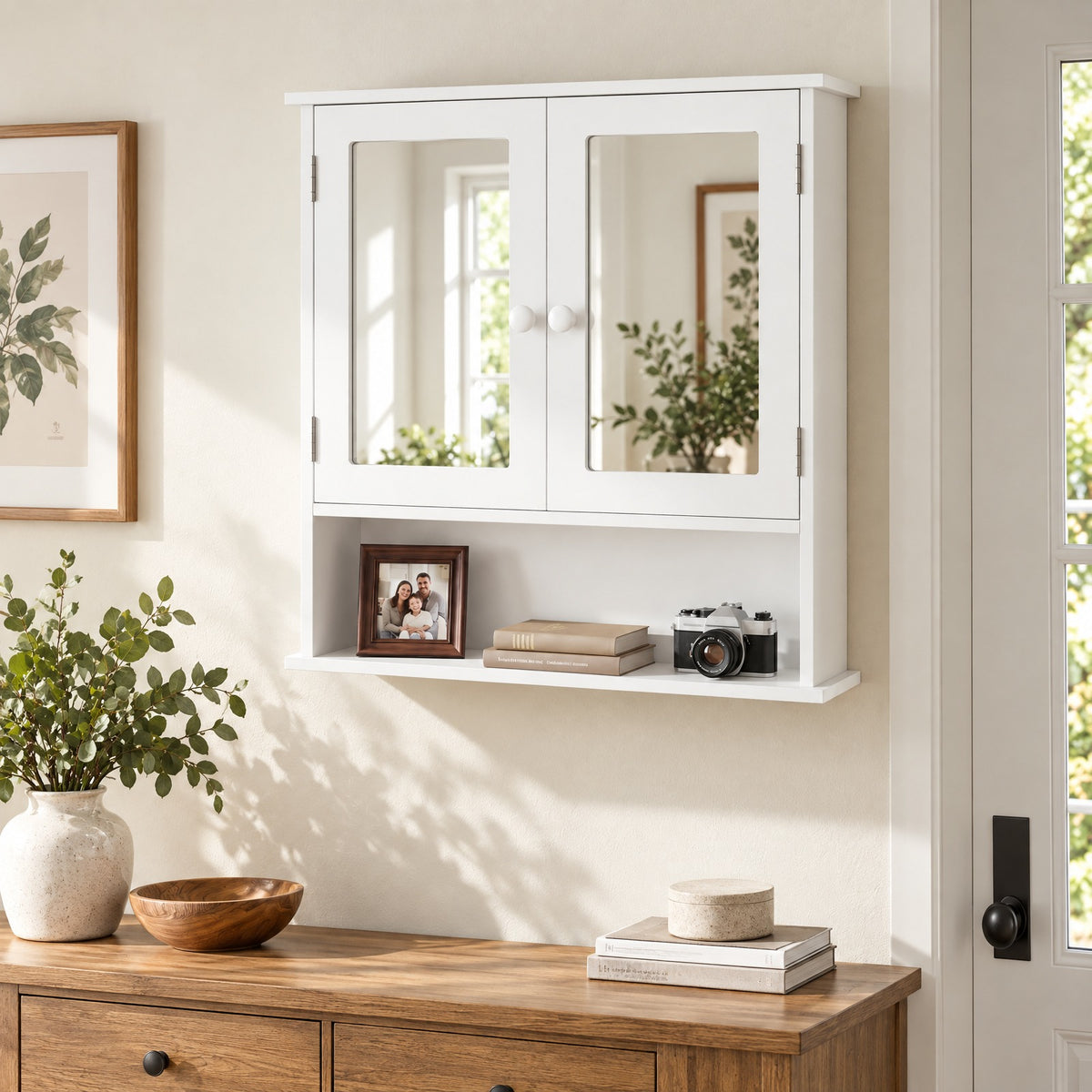 Airfind Bathroom Wall Mount Mirror Cabinet Organizer, 44 lbs Capacity, Engineered Wood Frame, 20in x 3.5in x 16in Footprint, White