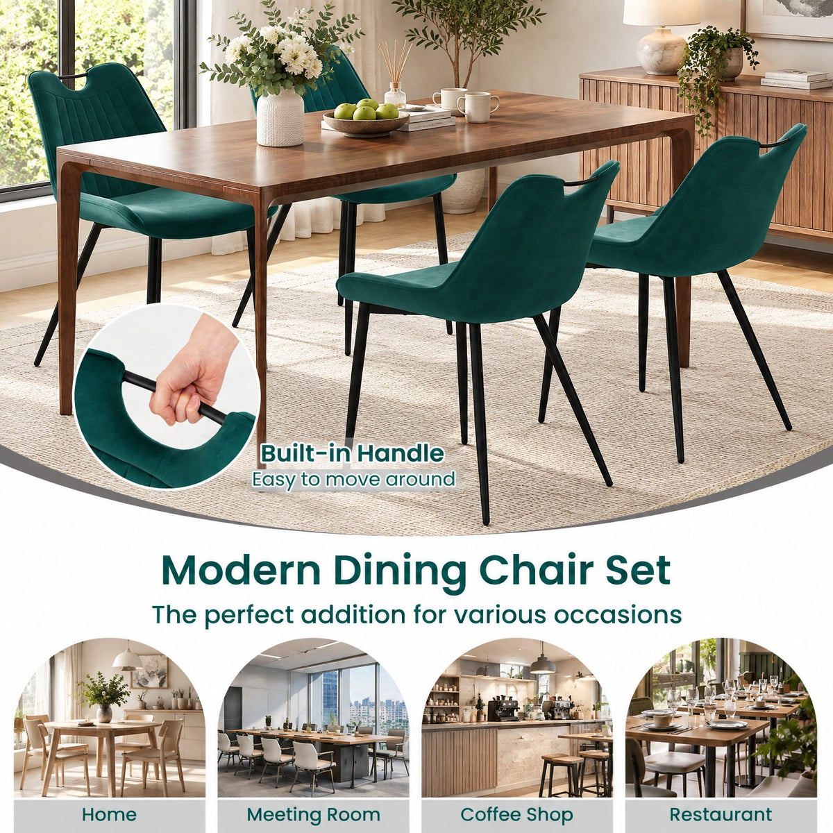 Airfind Dining Chair Set, of 4 Velvet Upholstered Kitchen Chairs with Metal Legs, 330 lbs Capacity, PU Leather Sponge Metal Frame, Green