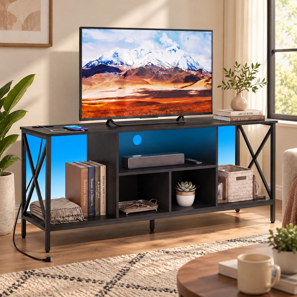 Airfind TV Stand with LED Lights for 65 Inch TV Entertainment Center with Power Outlets, 132 lbs Capacity, Metal Engineered Wood MDF Frame, Black