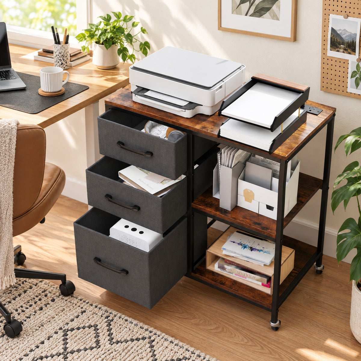 Airfind 3 Drawer Mobile File Cabinet with Charging Station Rolling Printer Stand with Open Storage Shelves, 44 lbs Capacity, Brown