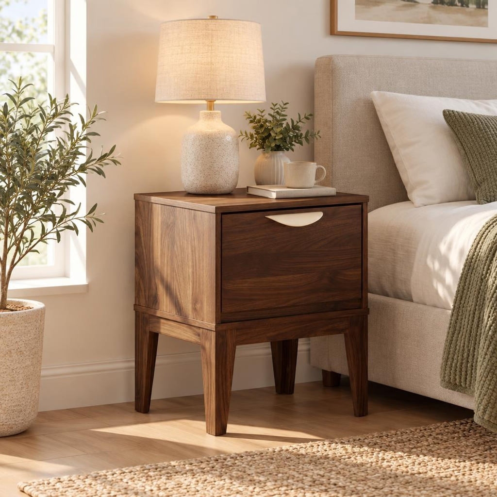 Airfind Mid Century Modern Bedside Table with Drawer and Tapered Support Feet for Bedroom, 45 lbs Capacity, Engineered Wood MDF Metal Frame, Walnut