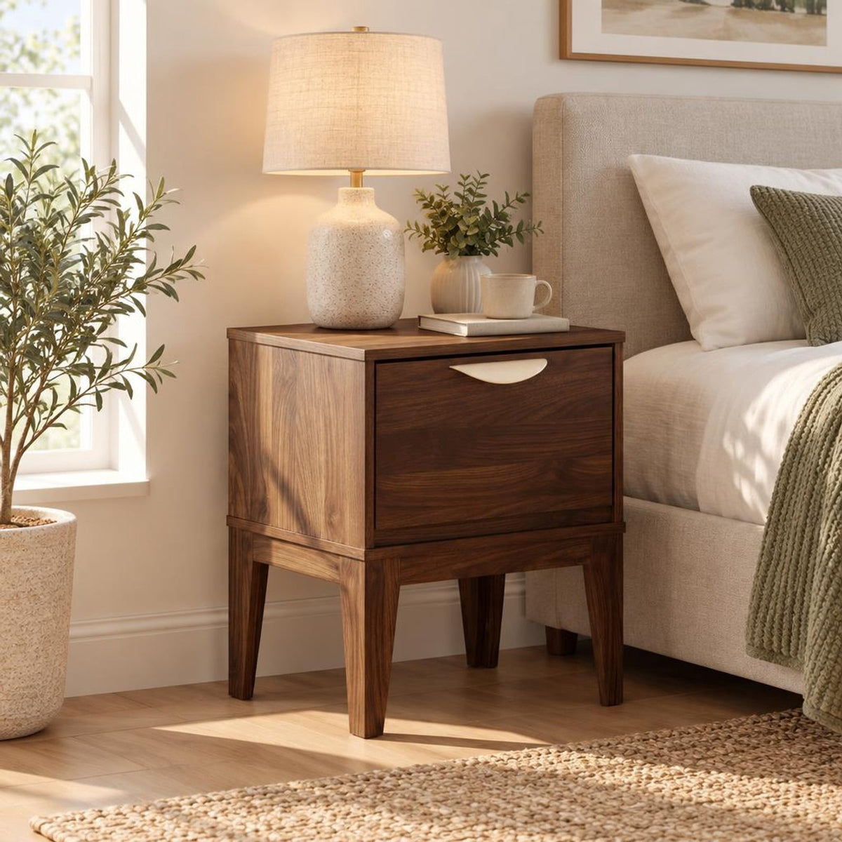 Airfind Mid Century Modern Bedside Table with Drawer and Tapered Support Feet for Bedroom, 45 lbs Capacity, Engineered Wood MDF Metal Frame, Walnut