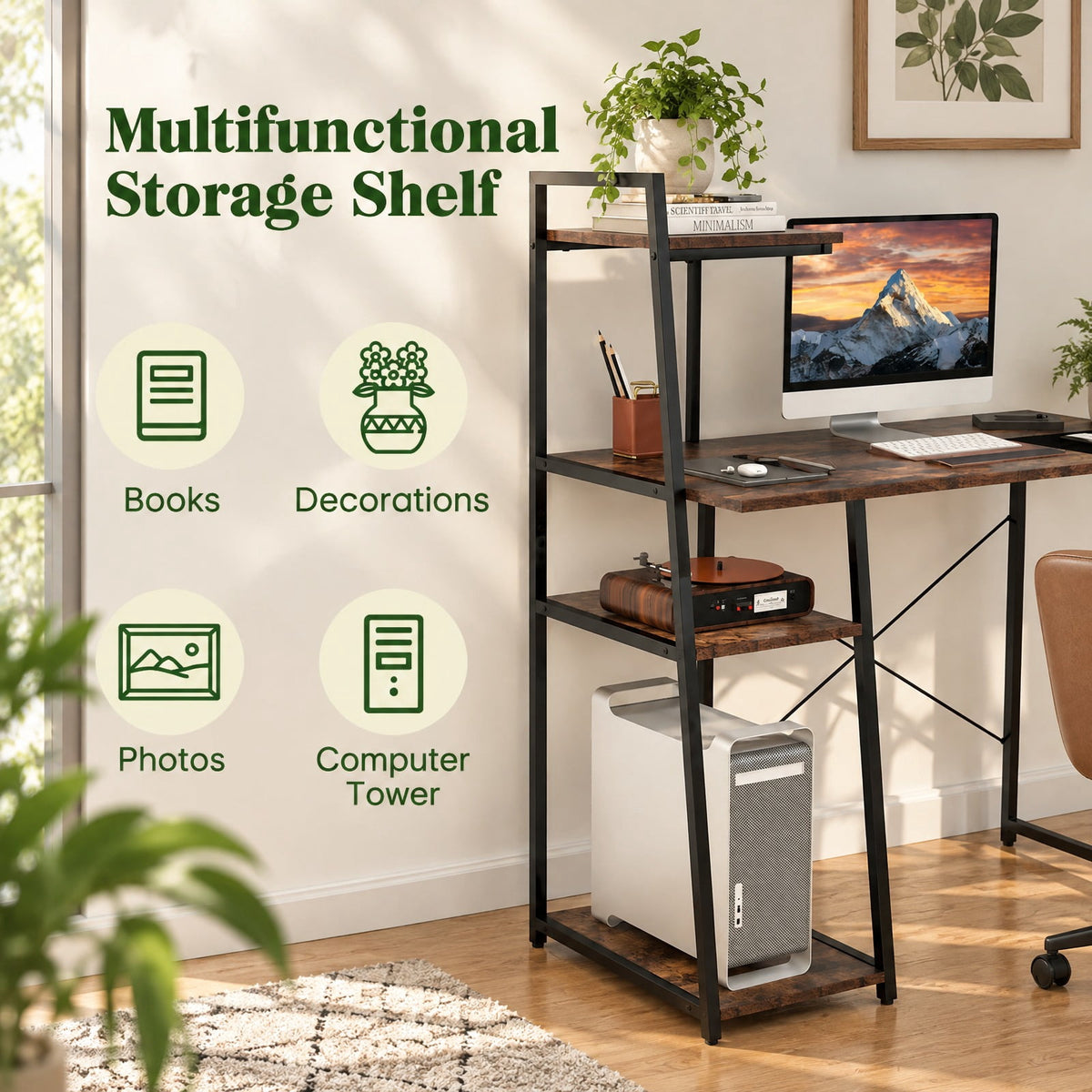 Airfind Computer Desk with Shelves and 3-Tier Storage Bookshelf, Metal Engineered Wood Frame, 39.5 x 20 x 47.5 Footprint, Brown