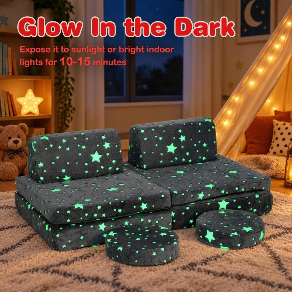 Airfind Modular Youth Play Couch Set Glow in the Dark with Portable Handles, Flannel Fabric Sponge, for 3 and Years Old, Gray