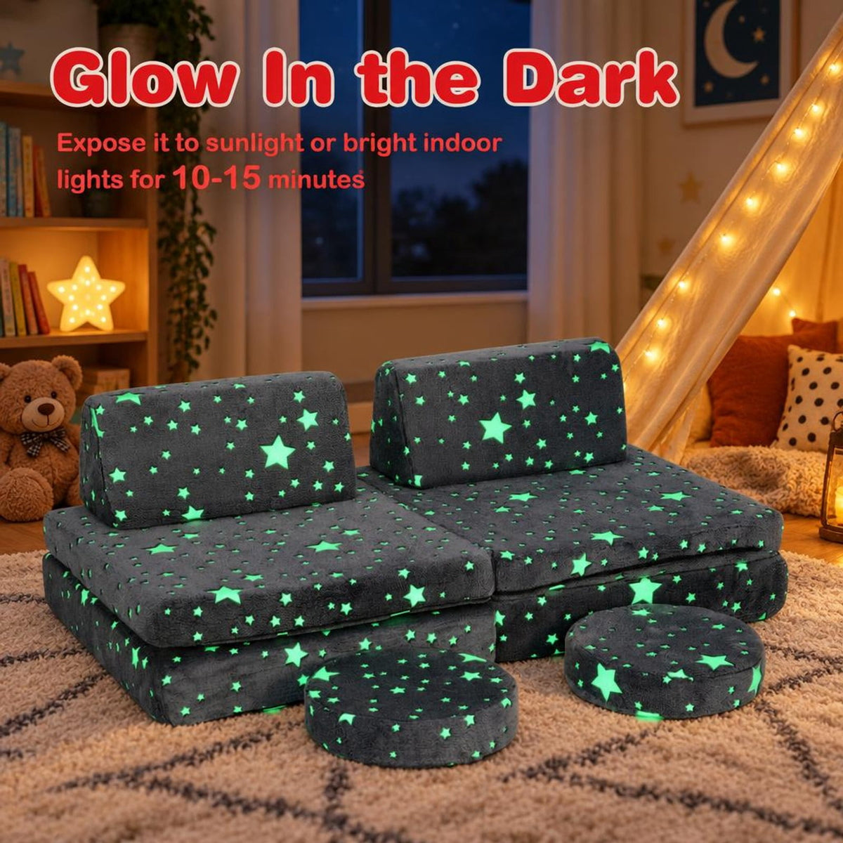 Airfind Modular Youth Play Couch Set Glow in the Dark with Portable Handles, Flannel Fabric Sponge, for 3 and Years Old, Gray