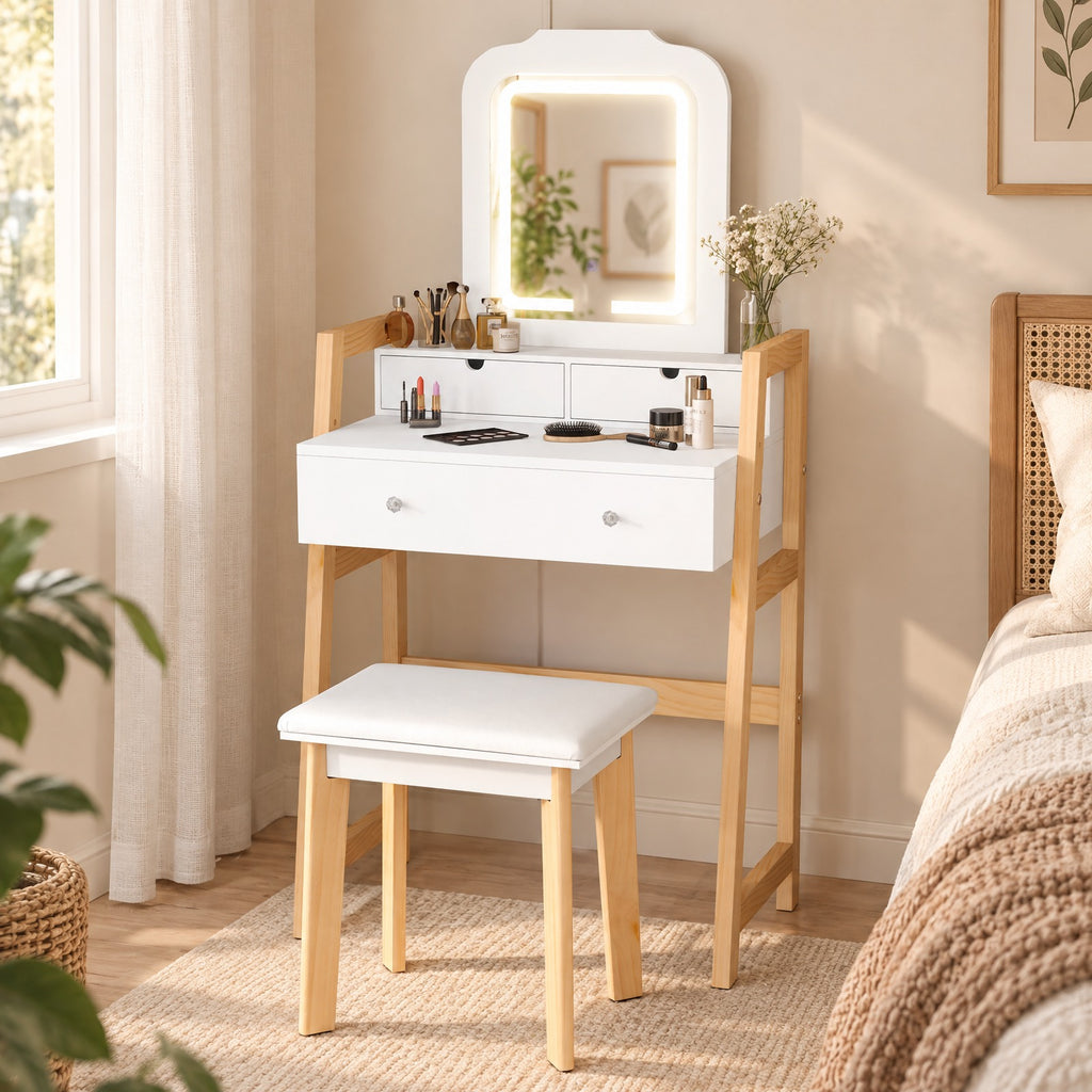 Airfind Adjustable Height Vanity Desk Set with 3-Color LED Lighted Mirror and Drawers, 110 lbs Capacity, P2 MDF Frame, 25in x 15.5in x 54in Footprint