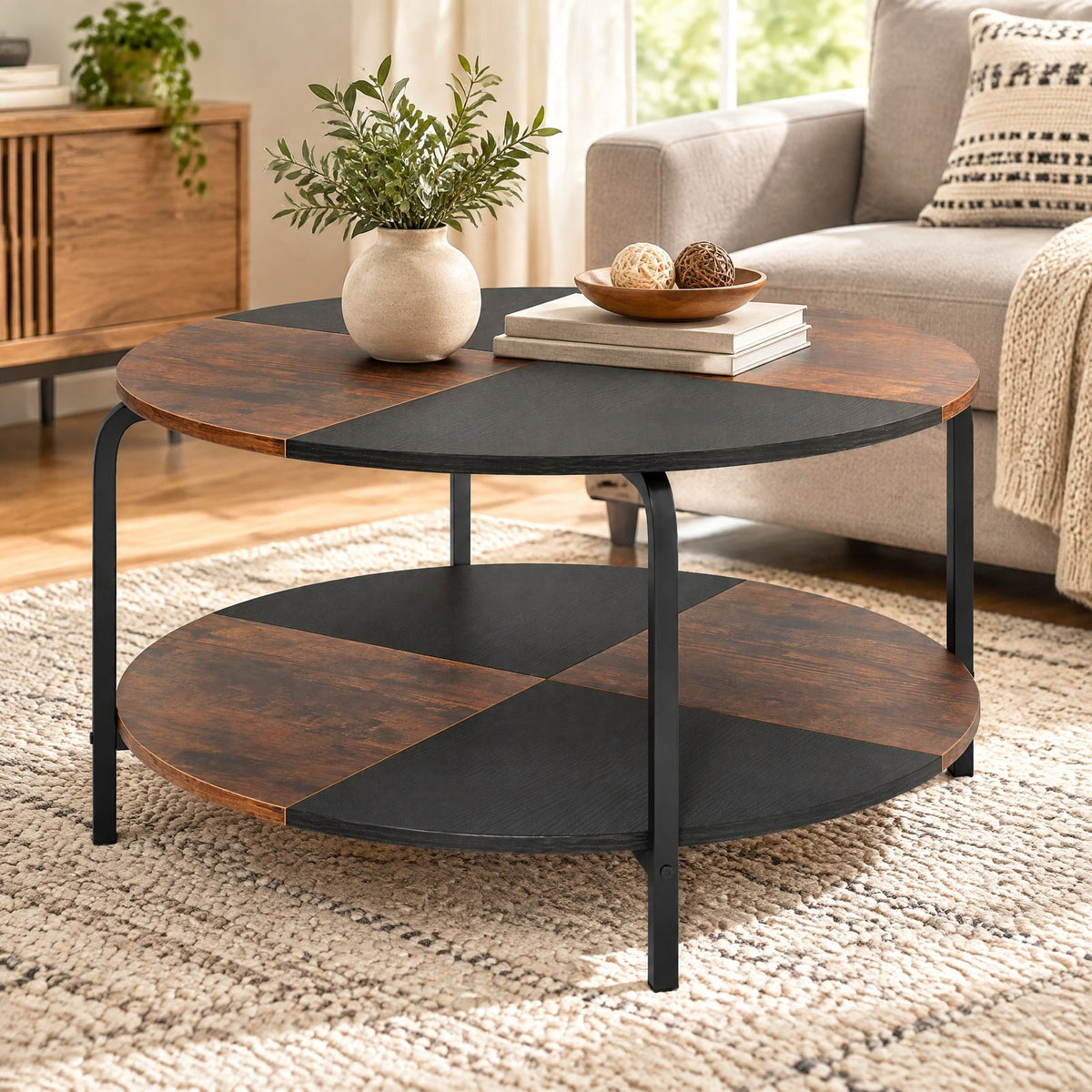 Airfind 2-Tier Round Coffee Table Metal Frame with Storage Shelf, 220 lbs Capacity, Engineered Wood Metal Frame, Coffee