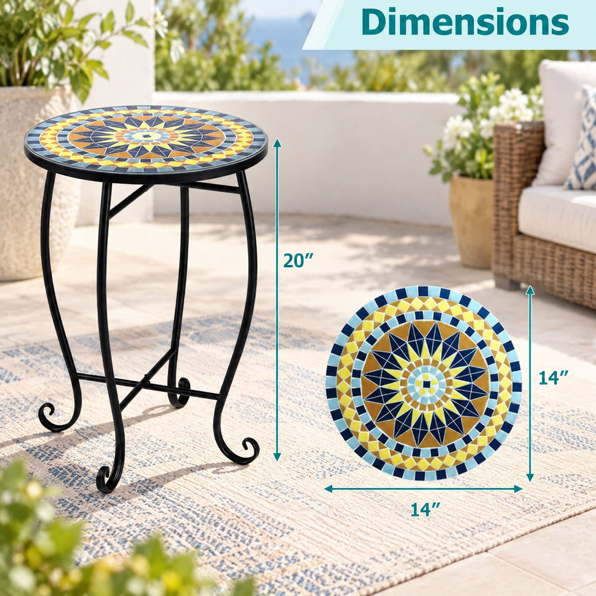 Airfind 14 Inch Floral Clover/Blooming Lotus/Bright Sunflower Mosaic Patio Accent Coffee End Table, 35 lbs Capacity, Metal Frame, 14 Inch x 20 Inch Footprint