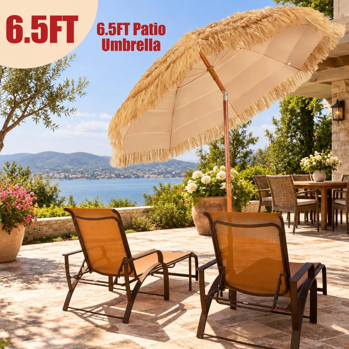 Airfind 6.5 Feet Portable Thatched Tiki Beach Umbrella with Adjustable Tilt for Backyard, PP Frame, Khaki