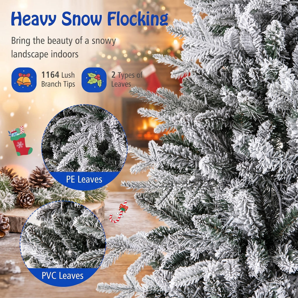 Airfind 7 Feet Flocked Christmas Tree with 8 Lighting Modes and Multi-Color LED Lights-7 ft, Green and White