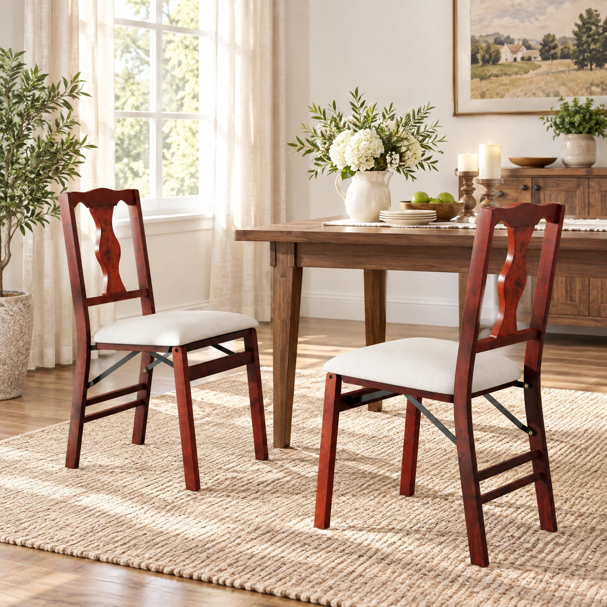 Airfind Folding Chairs Set of 2 Upholstered Dining Chairs with Comfy Padded Seats, 375 lbs Capacity, Rubber Wood Plywood Linen Fabric Sponge Frame