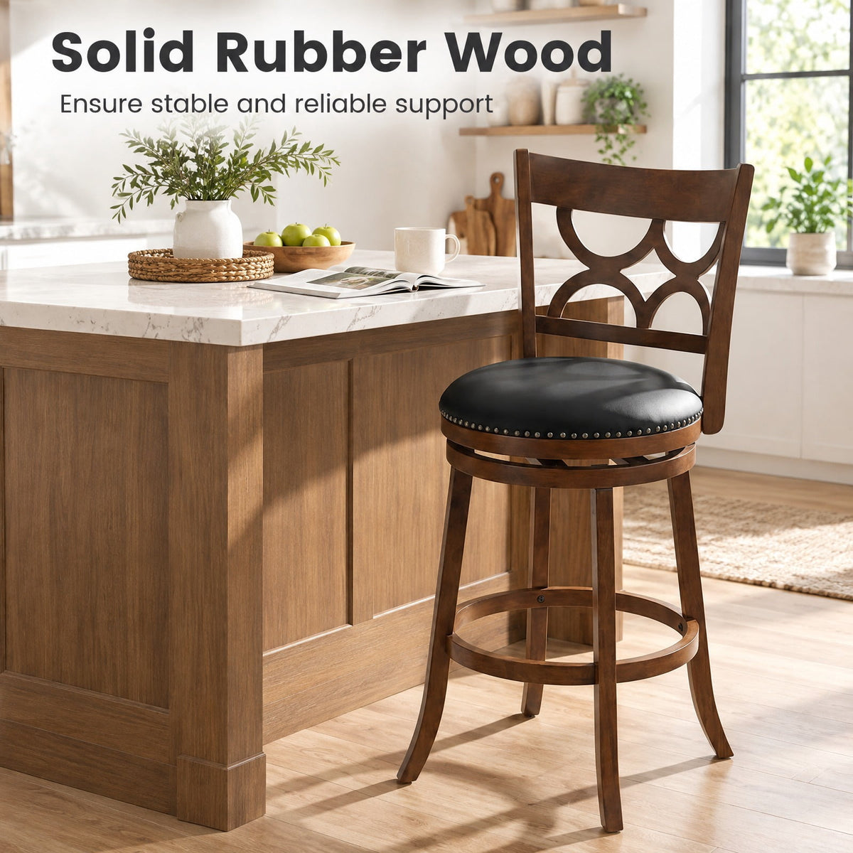 Airfind Swivel Bar Stools Set of 2 with High Backrest and Wood Frame-29 Inches, 330 lbs Capacity, Rubber Wood PVC Leather Sponge Frame, Expresso