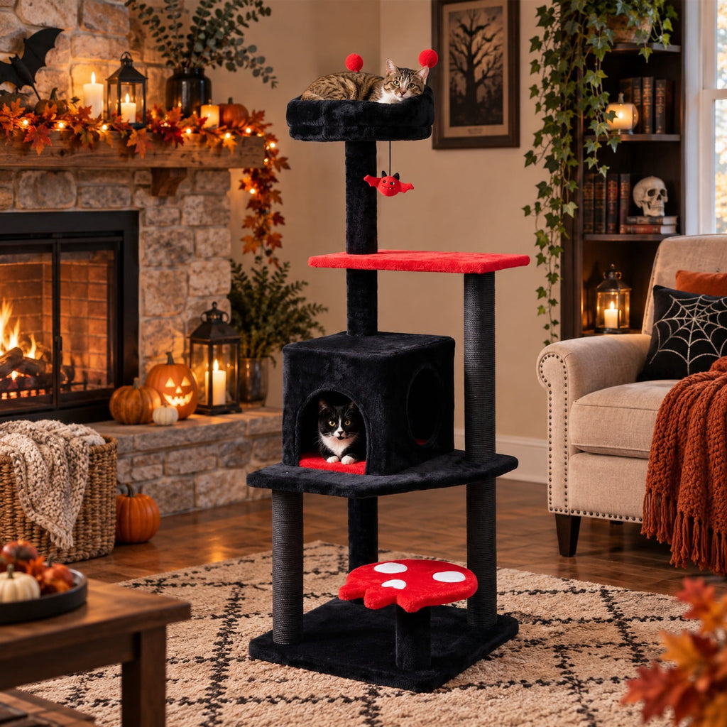 Airfind 57 Inch Spooky Cat Tower with Padded Perch and Spider-shaped Hanging Toy, 22 Lbs Capacity, Ghost-shaped Platform Adds a Playful Touch, Red
