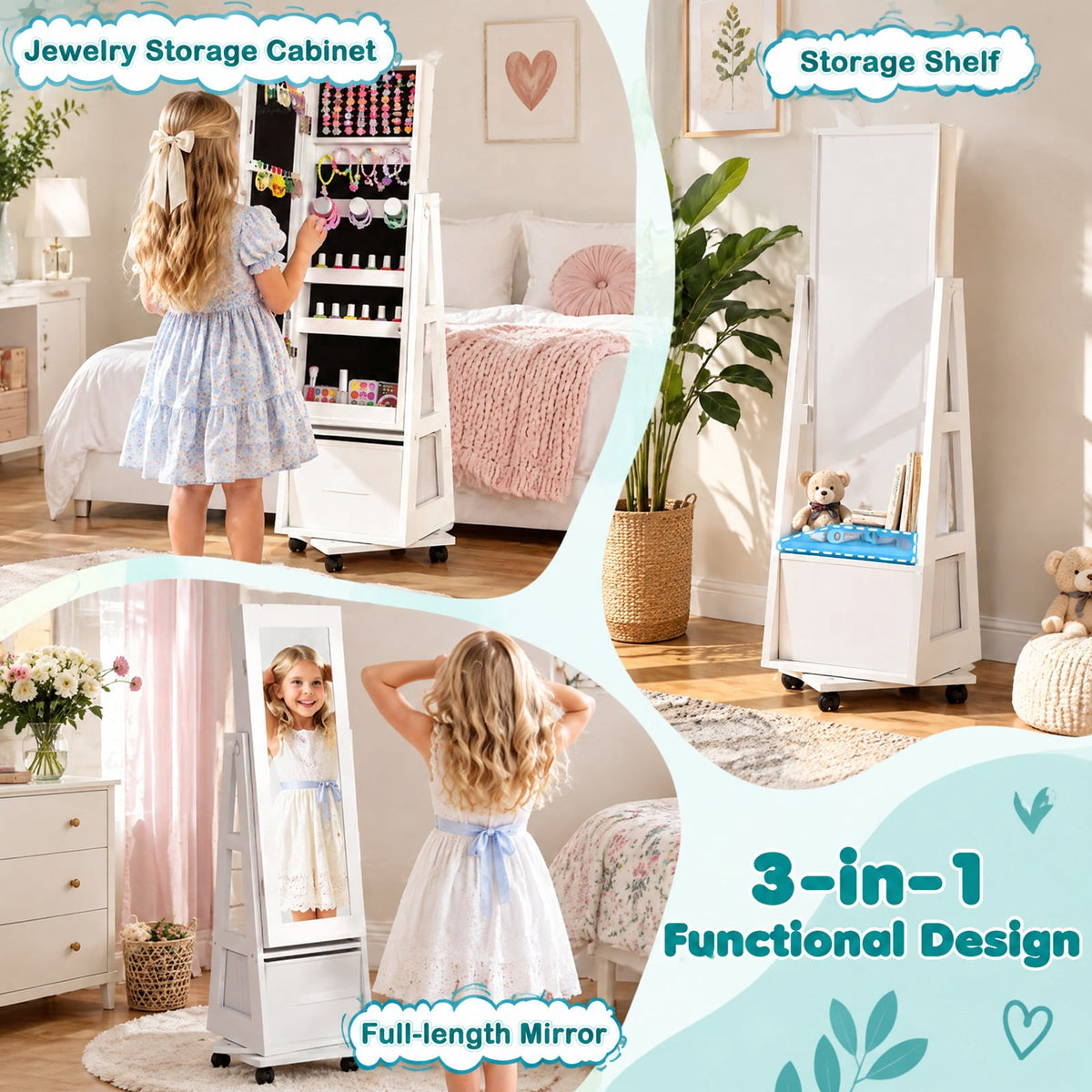 Airfind Kids Jewelry Armoire Cabinet with Swivel Base and Lockable Universal Wheels, 12.5 x 12 x 47Net Weight 19.5 lbsBox Qty1 Footprint