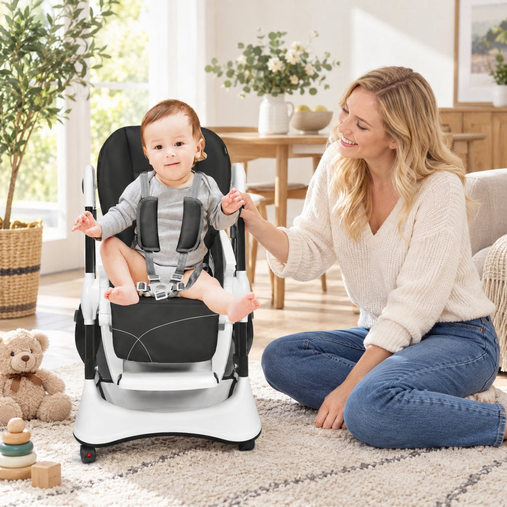 Airfind A-Shaped High Chair with 4 Lockable Wheels, 50 lbs Capacity, Iron Frame, for 0-36 months, 22 x 26 x 32 Footprint, Gray