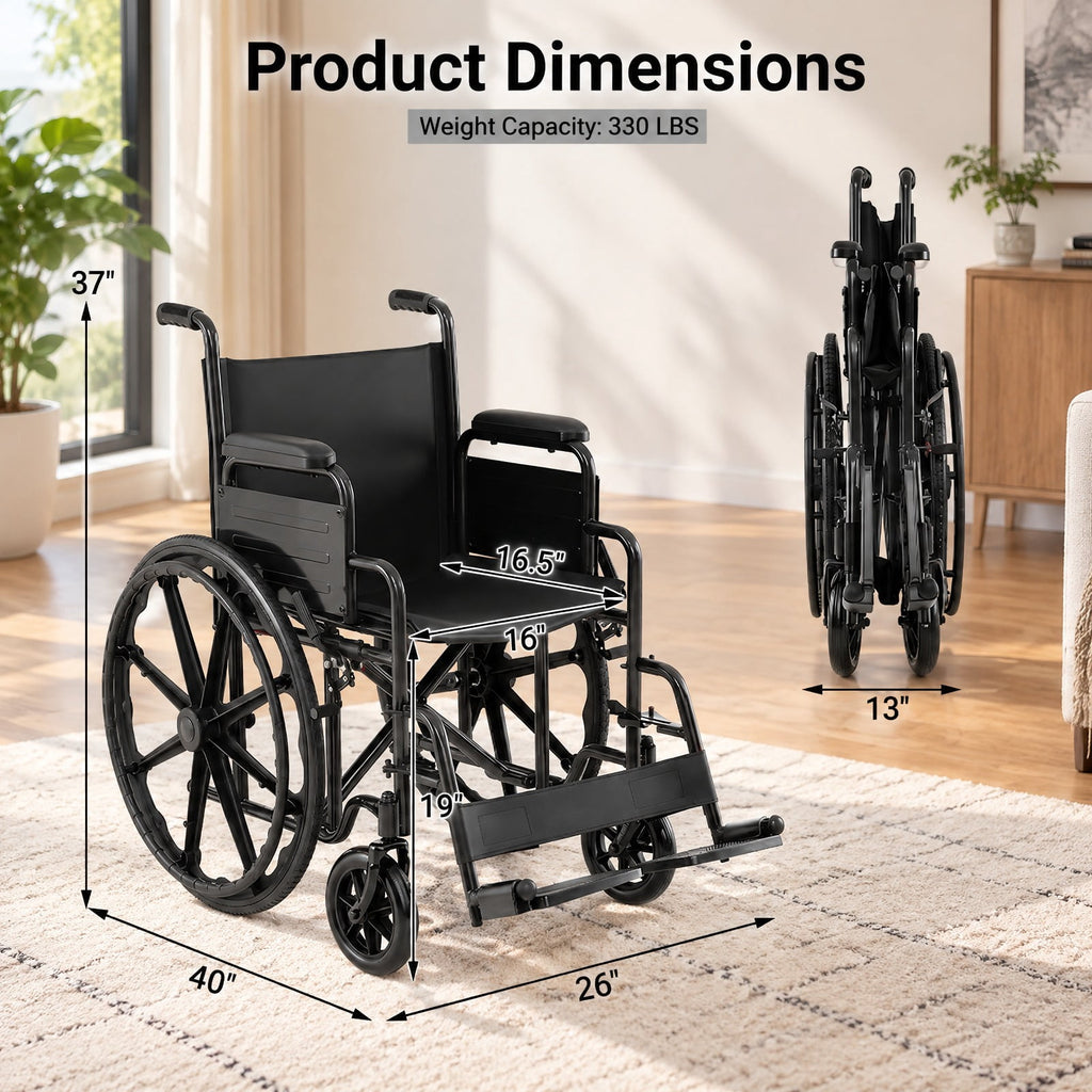 Airfind Lightweight Folding Wheelchair for Adults with Swing-Away Footrest and Desk Arm, 330 lbs Capacity, Metal Faux Leather Nylon Plastic Frame