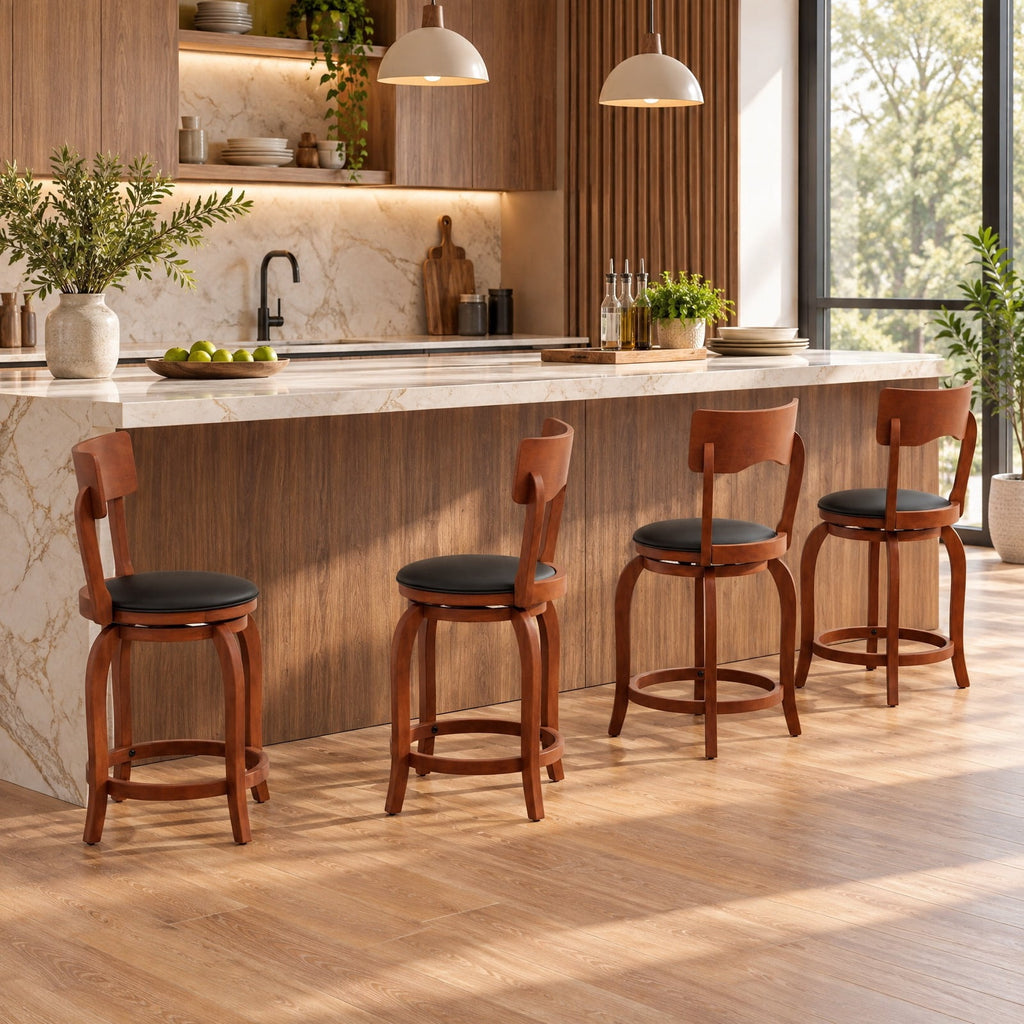 Airfind Swivel Bar Stools Set of 2 with Rubber Wood Frame and Upholstered Seat-24 Inch, 286 lbs Capacity, Rubber Wood Sponge PVC Frame, Wood