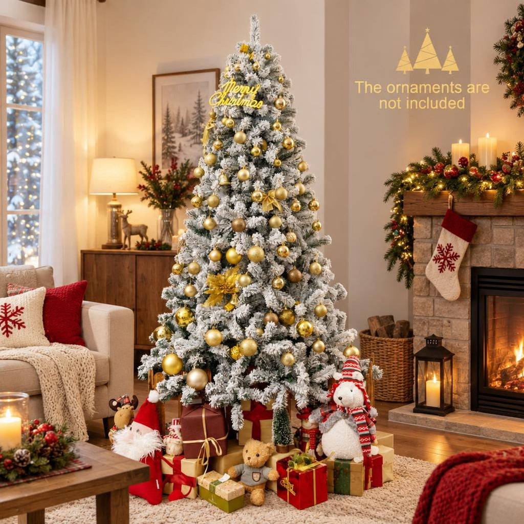 Airfind Snow-flocked Artificial Christmas Tree 7.5 Ft featuring 1010 Branch Tips, Hinged Sections and Metal Stand for Everyday Use, White