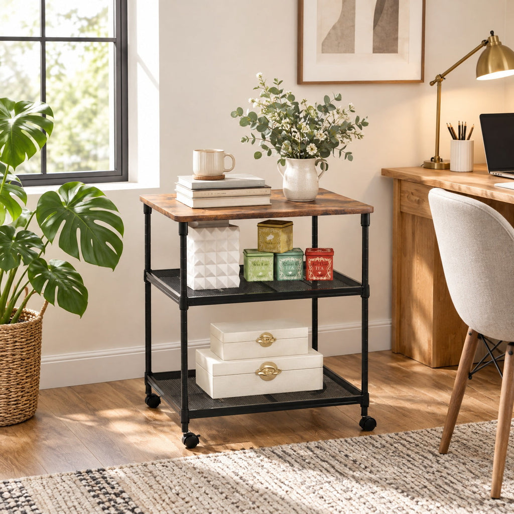 Airfind 3 Tier Printer Stand Rolling Fax Cart with Adjustable Shelf and Swivel Wheels, Engineered Wood Iron Frame, 24 x 20 x 27 Footprint, Coffee