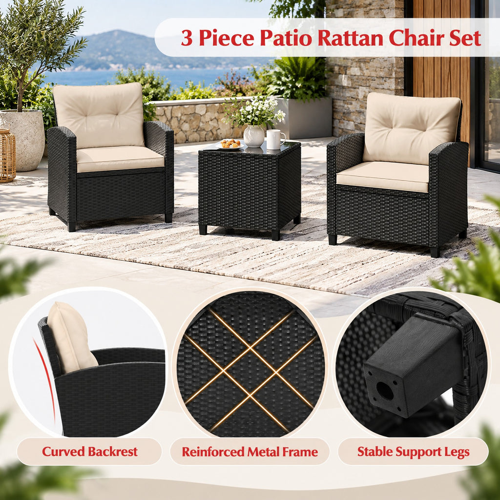 Airfind 3 Pieces Patio Furniture Set with Tempered Glass Coffee Table, 400 lbs Capacity, PE Rattan Metal Tempered Glass Polyester Sponge Frame