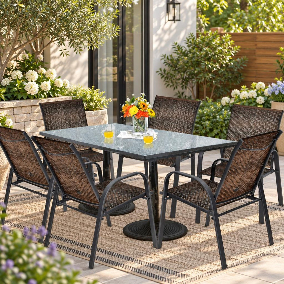 Airfind Set of 6 Outdoor PE Wicker Stackable Chairs with Sturdy Steel Frame, PE rattan steel Frame, Brown