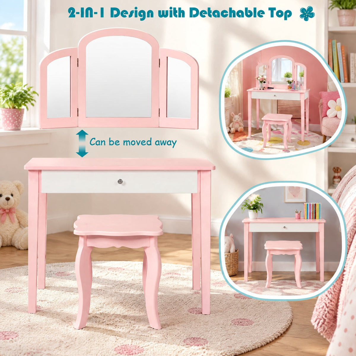 Airfind Kids Princess Make Up Dressing Table with Tri-folding Mirror and Chair, 33 lbs Capacity, MDF Frame, 27.5 x 13.5 x 37.5 Footprint, Pink